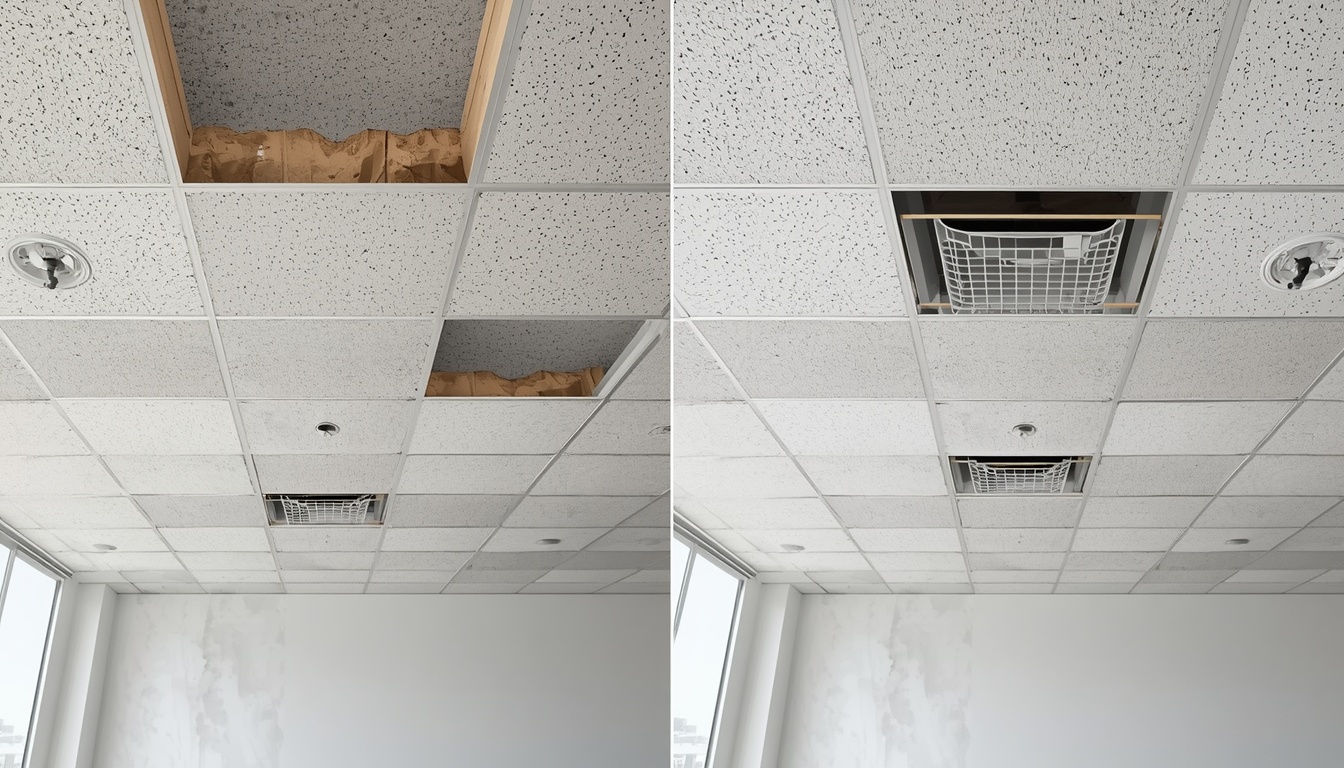 Before and after of an office suspended ceiling installation in Maidstone riverside Maidstone