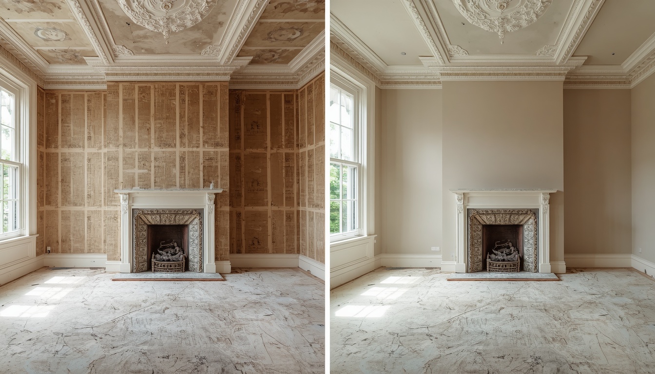 Before and after of a Victorian living room re-plaster in Bearsted Maidstone